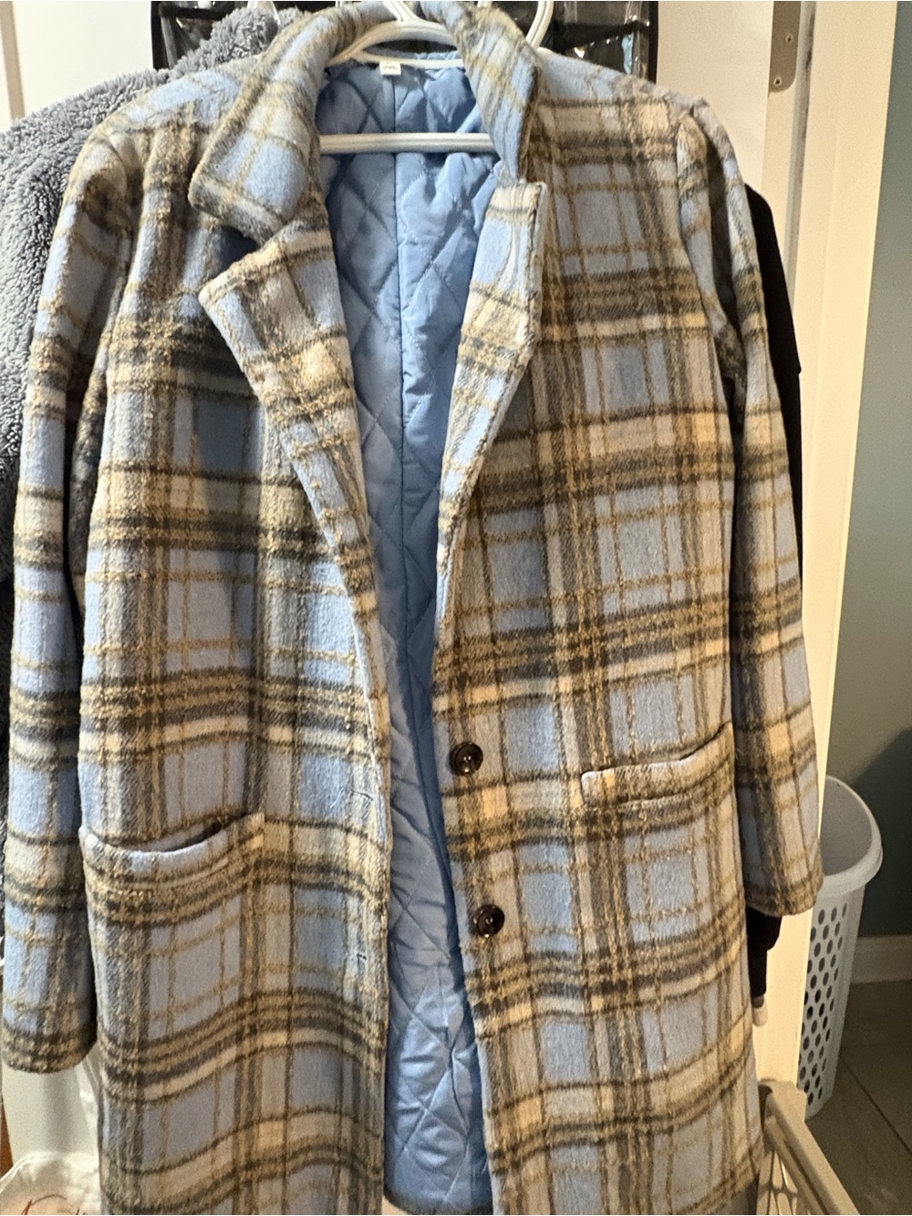 Plaid Light Blue & Tan Wool-Blend Pea Coat